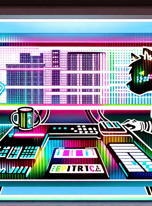 cat, computer, keyboard, screen, mug, cityscape, music, tech, gloves, table