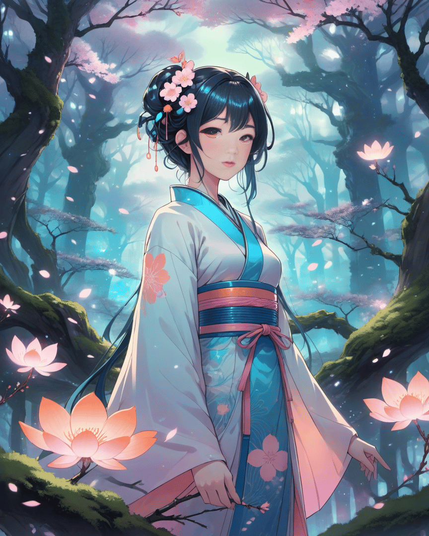 AI generated wallpaper featuring woman, cherry blossom, lotus
