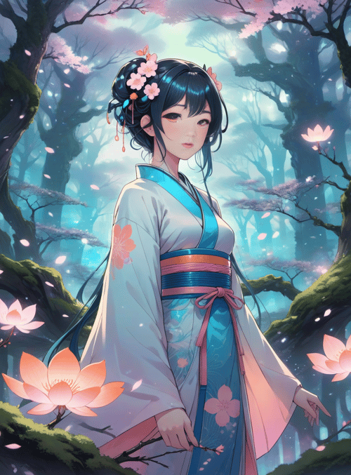 woman, cherry blossom, lotus