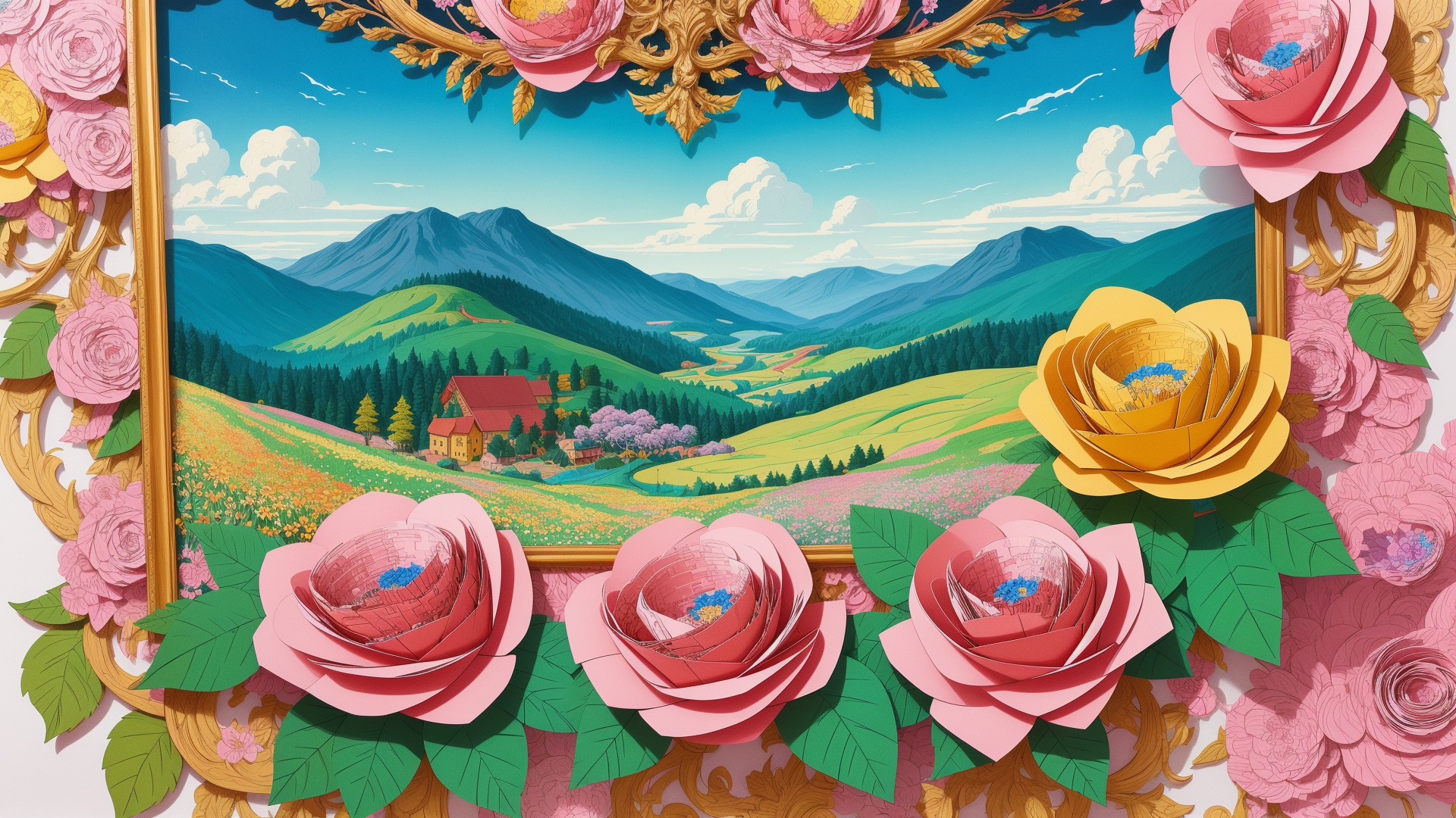 AI generated wallpaper featuring roses, landscape, frame