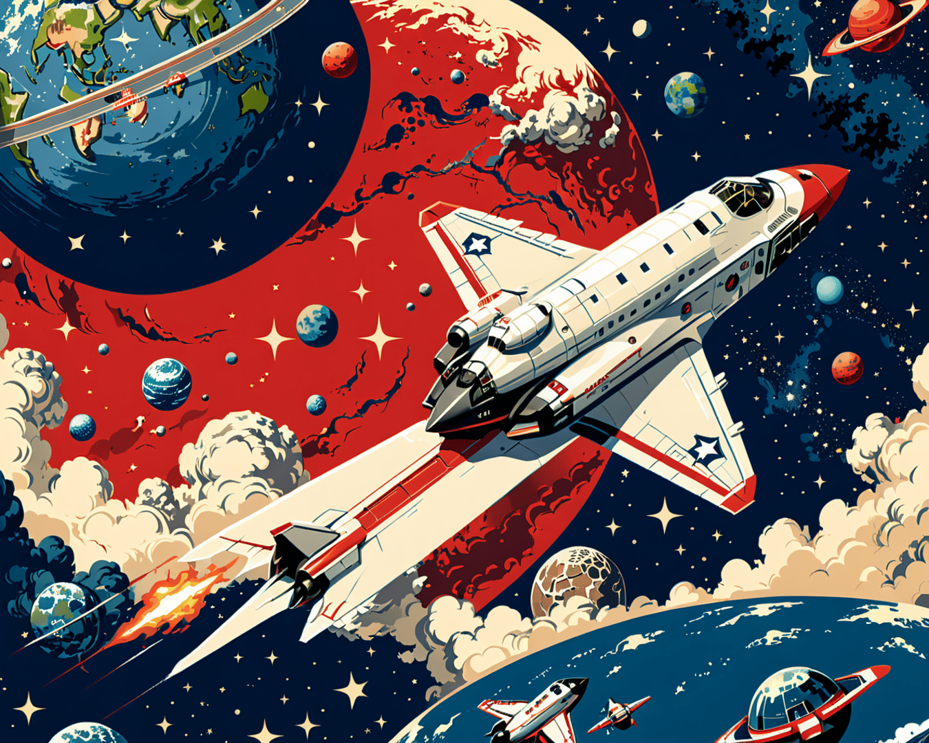 AI generated wallpaper featuring spaceship, planets, earth