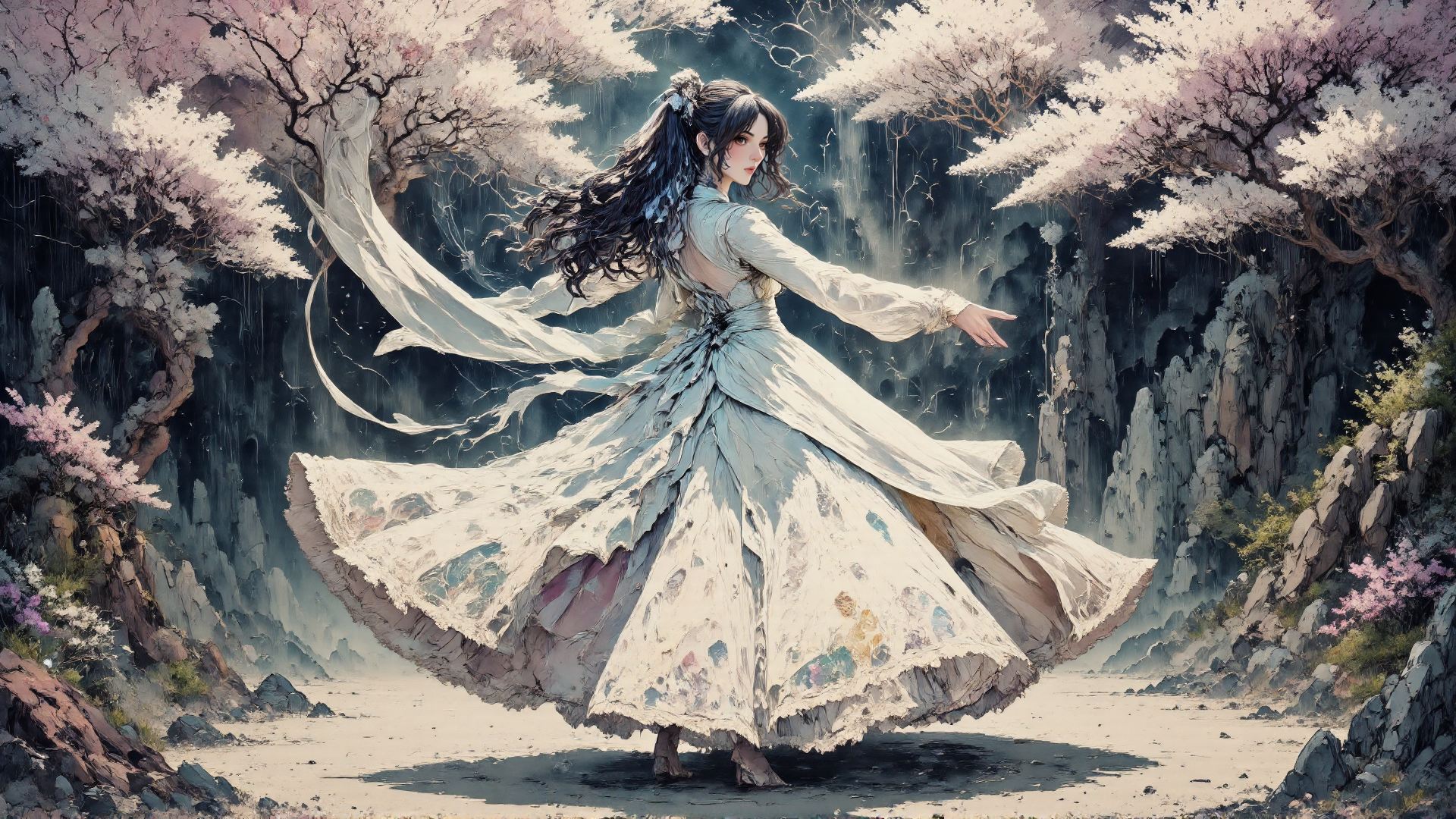 AI generated wallpaper featuring woman, sakura, dress