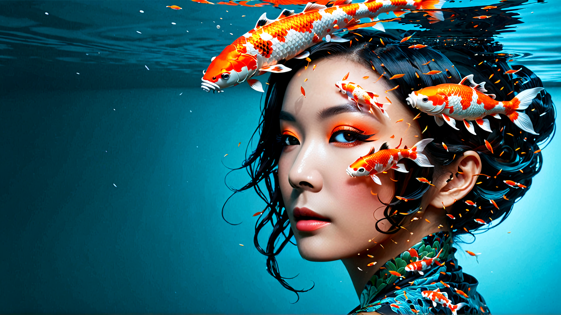 AI generated wallpaper featuring woman, koi fish, water, hair, fish, ornamental, pattern, swim, underwater, reflection