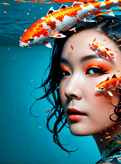 woman, koi fish, water, hair, fish, ornamental, pattern, swim, underwater, reflection