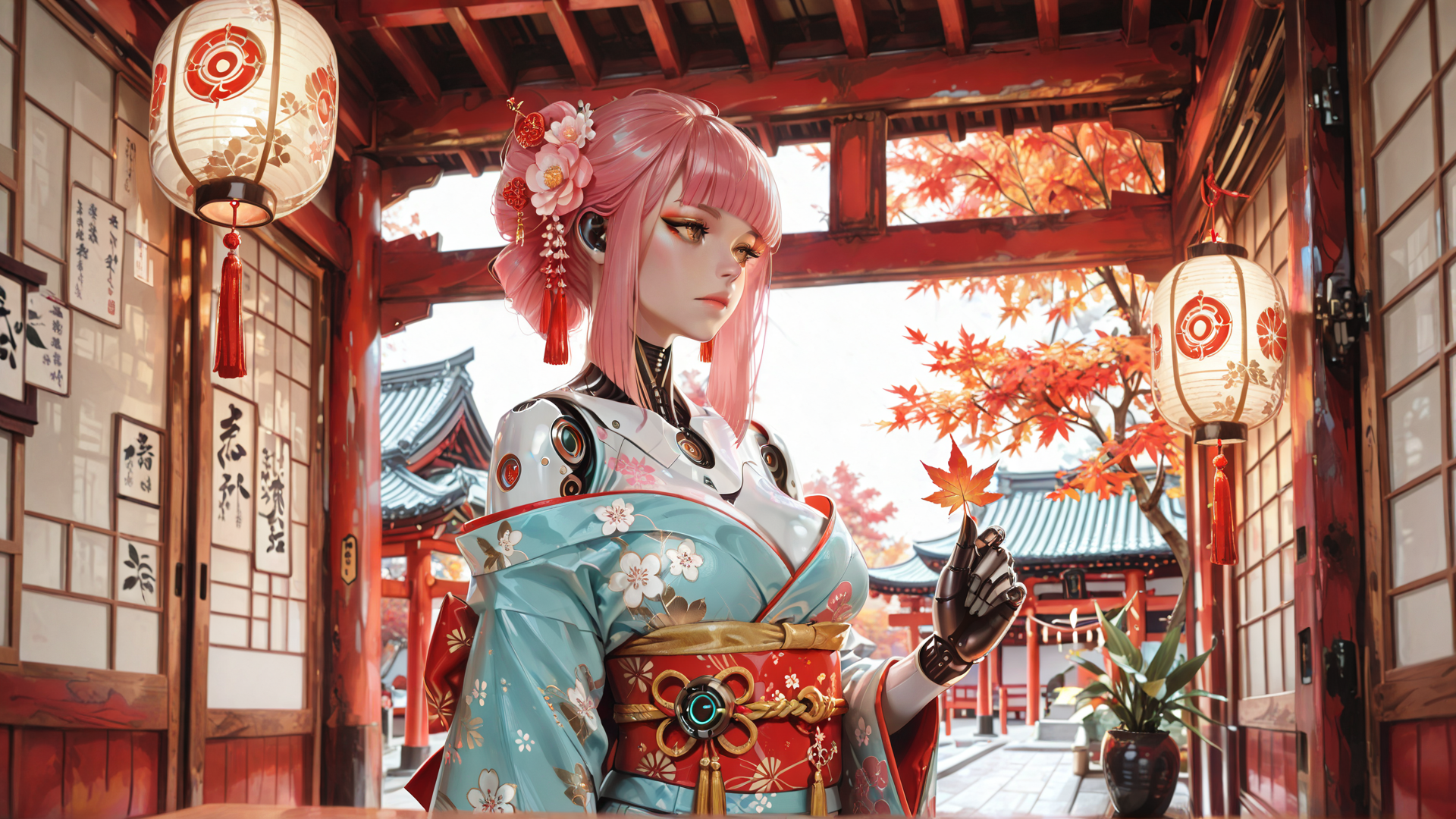 AI generated wallpaper featuring robot, geisha, lantern, maple leaf, kimono, cherry blossom, building, red, sakura, cherry