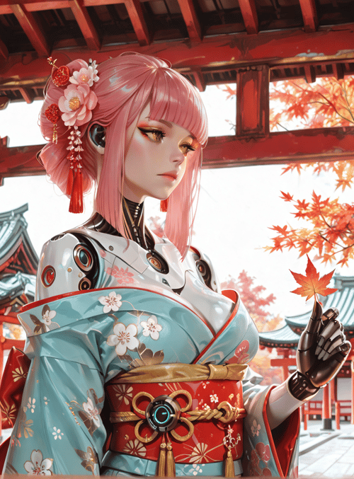 robot, geisha, lantern, maple leaf, kimono, cherry blossom, building, red, sakura, cherry