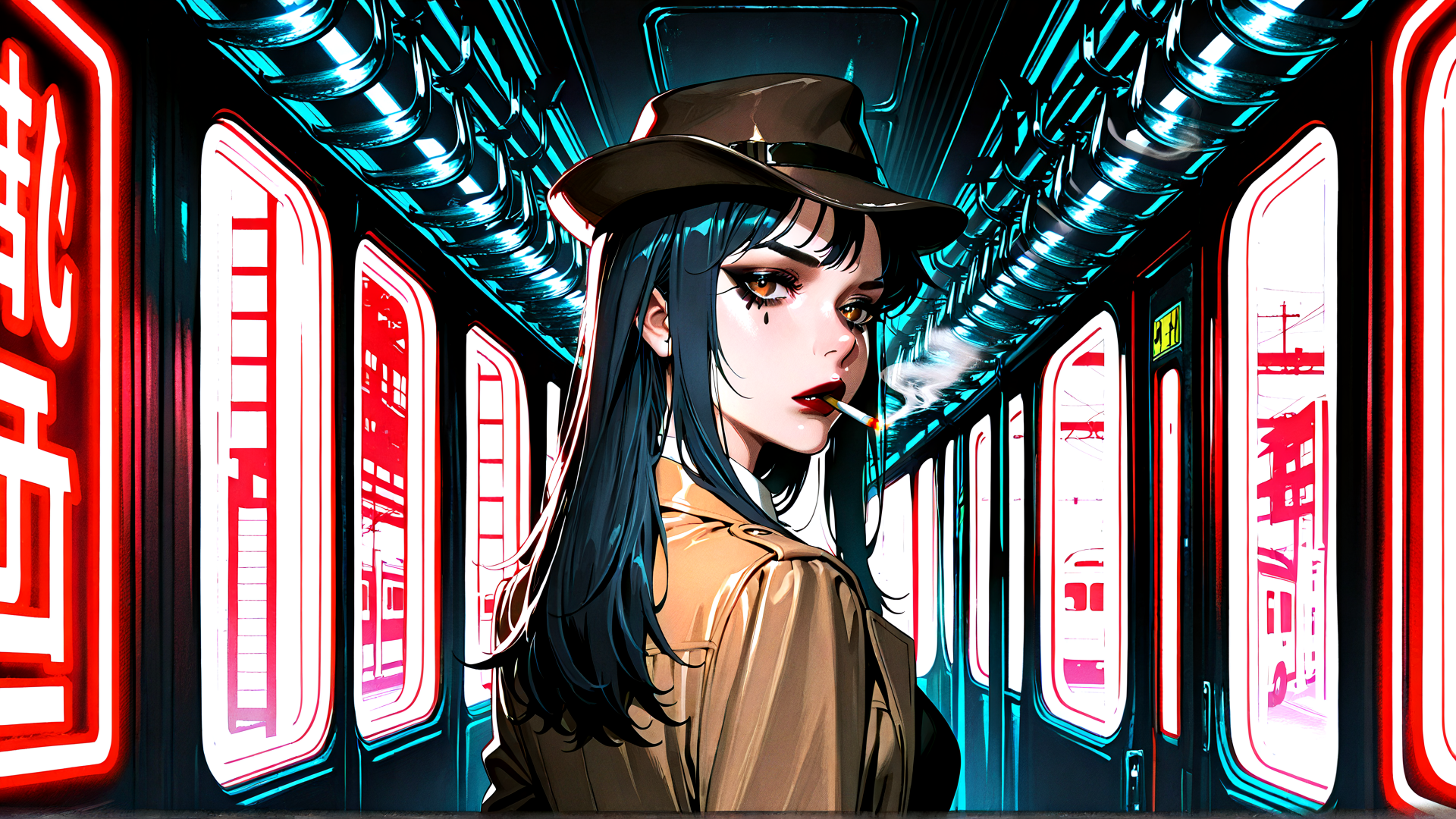 AI generated wallpaper featuring woman, hat, cigarette, jacket, neon, train, signs