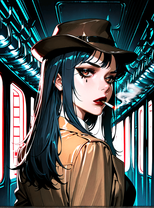 woman, hat, cigarette, jacket, neon, train, signs