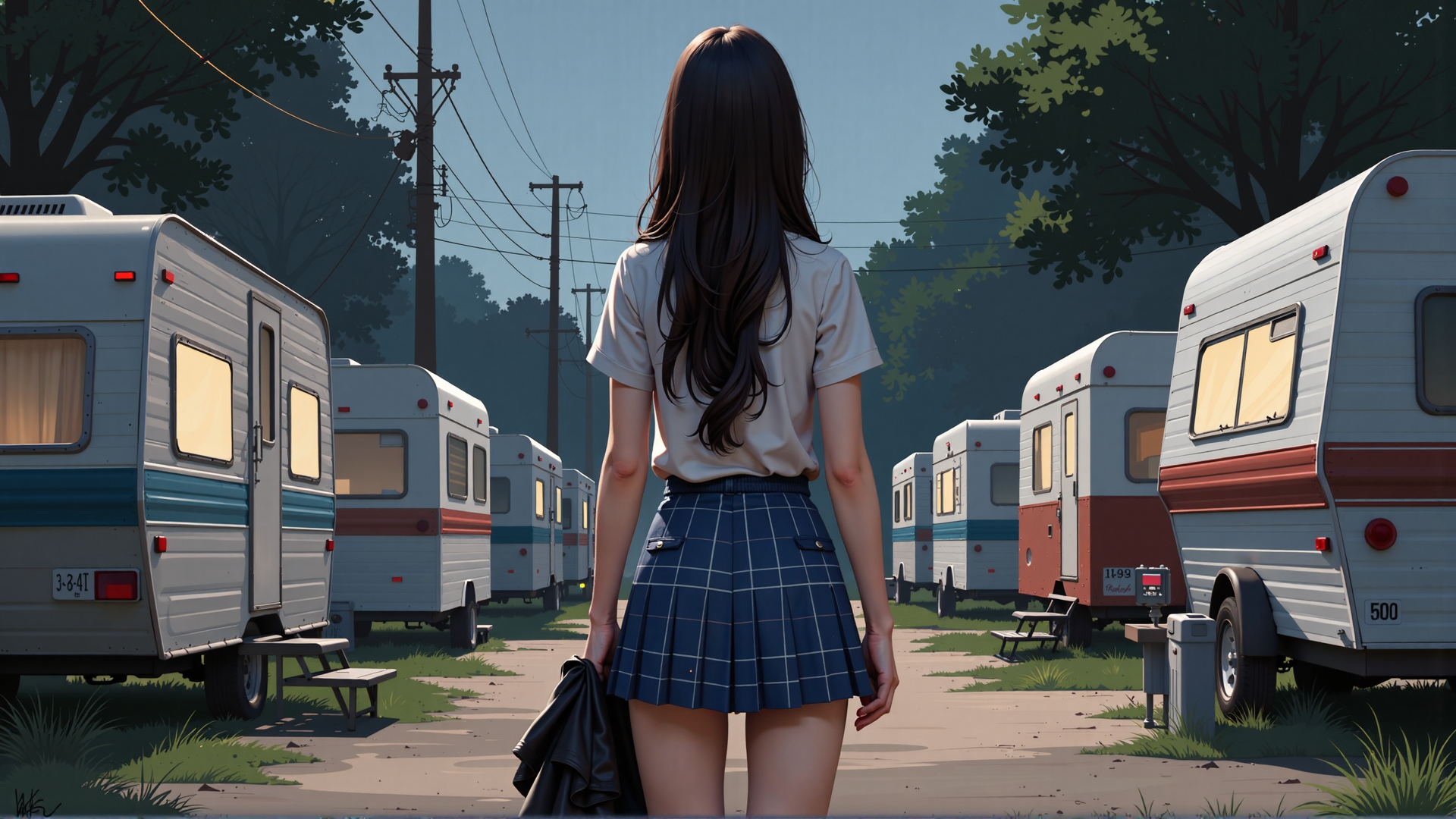 AI generated wallpaper featuring girl, trailer, camper, trees, road, jacket