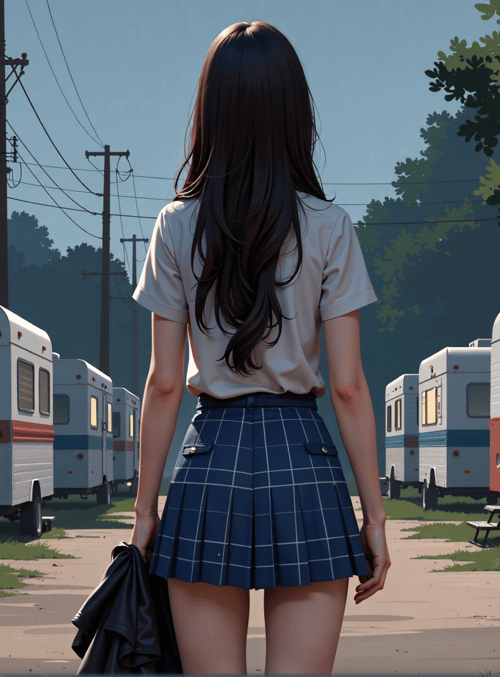 girl, trailer, camper, trees, road, jacket