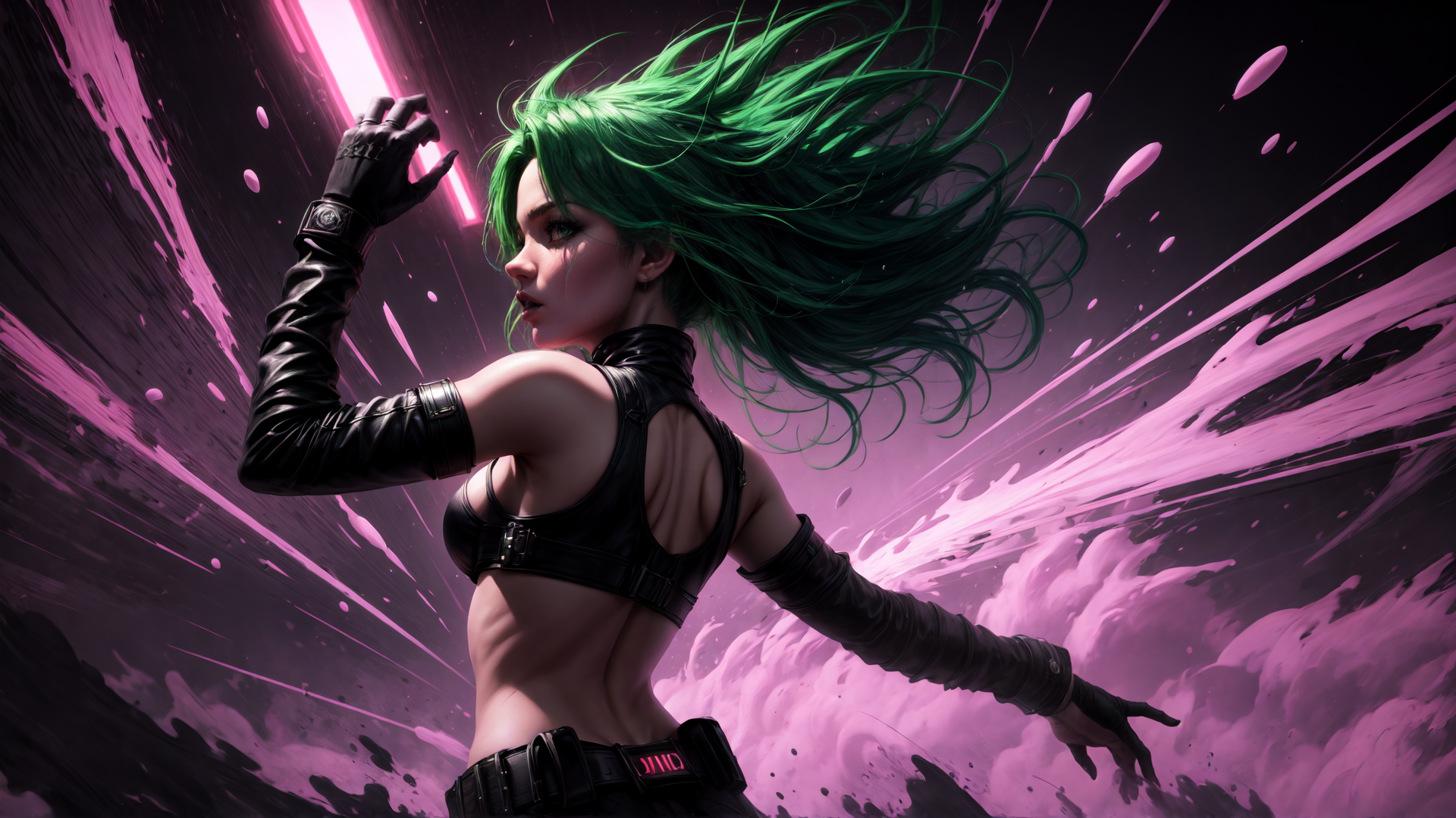 AI generated wallpaper featuring woman, cyberpunk, gloves