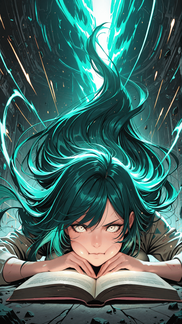 AI generated wallpaper featuring girl, book, hair, shattered, goggles