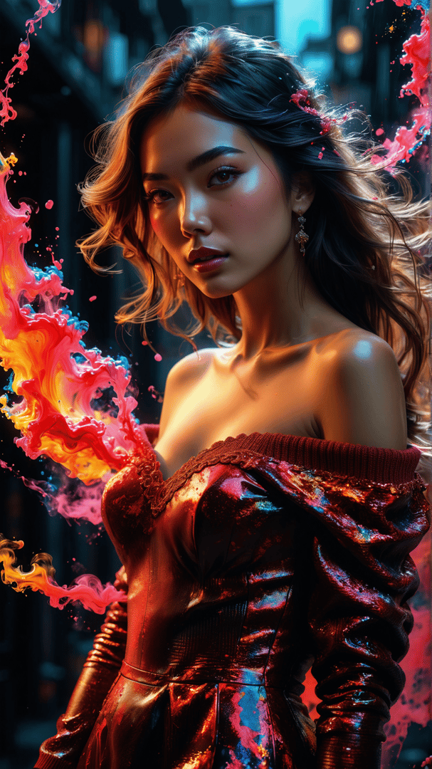 AI generated wallpaper featuring woman, paint, city, dress