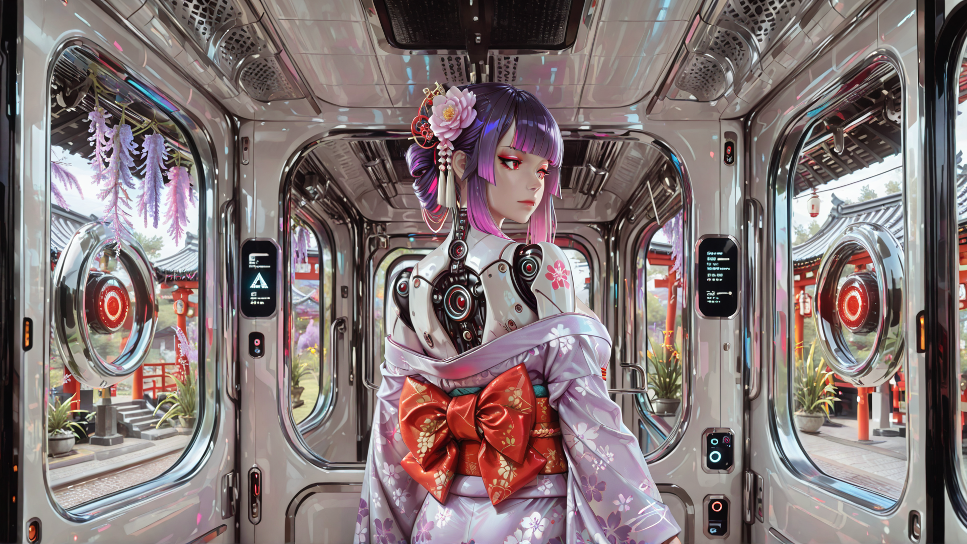 AI generated wallpaper featuring robot, woman, kimono, train, flower, garden, traditional, futuristic, anime, architecture