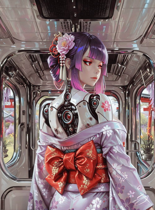 robot, woman, kimono, train, flower, garden, traditional, futuristic, anime, architecture