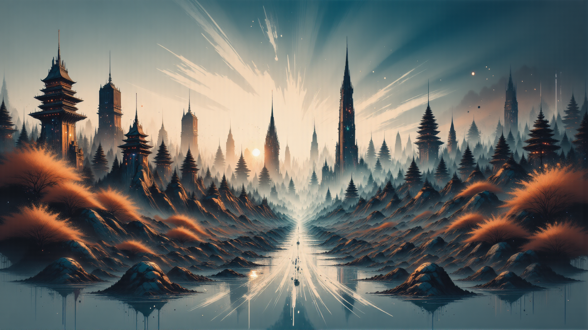 AI generated wallpaper featuring castle, city, mountain, river, forest, tower, sky, sun, tree, building