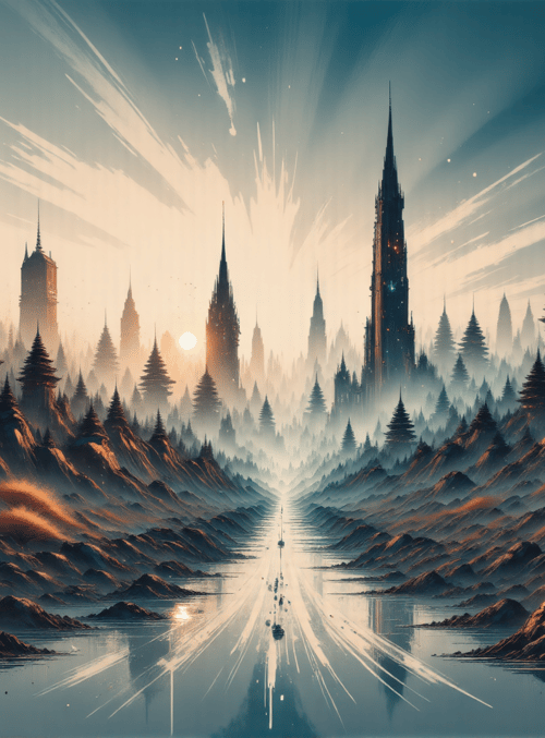 castle, city, mountain, river, forest, tower, sky, sun, tree, building