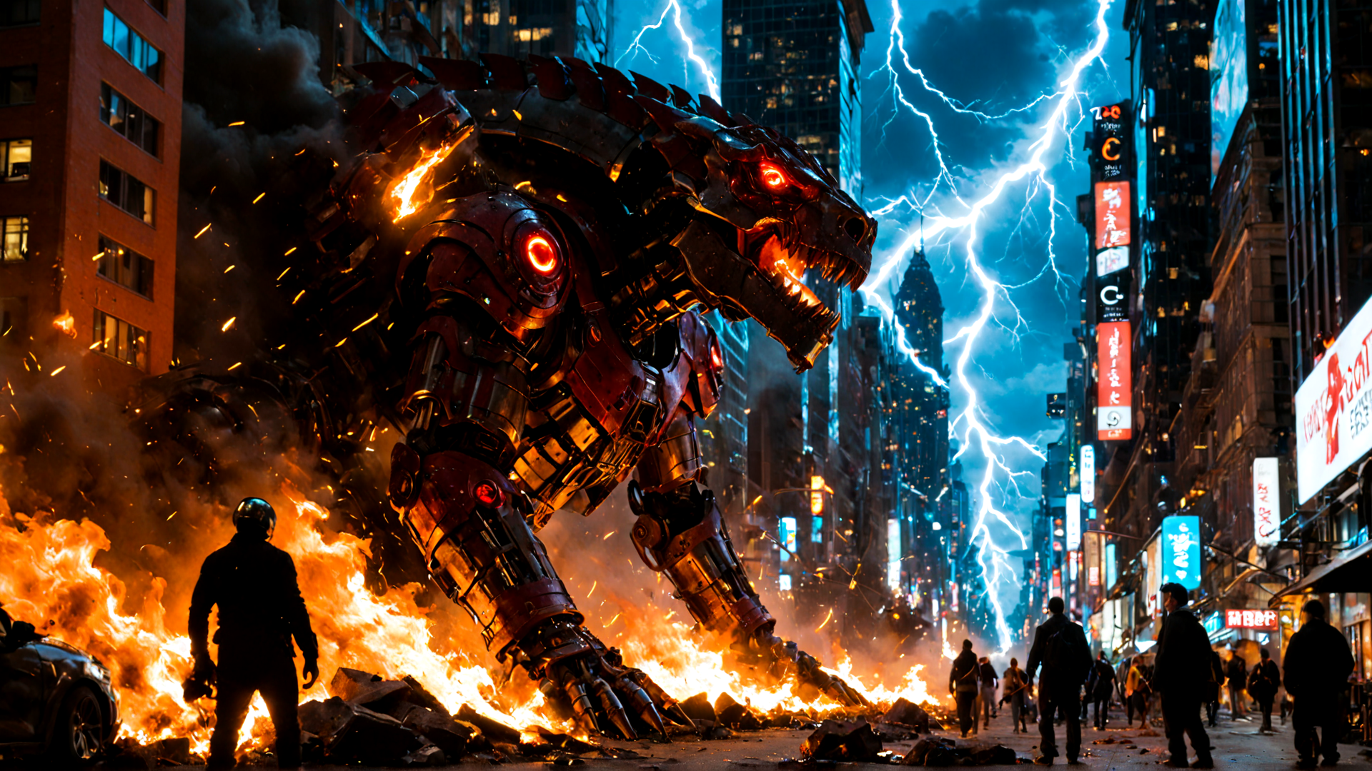 AI generated wallpaper featuring robot, giant, city, fire, people, skyscraper, lightning, smoke, sign, car
