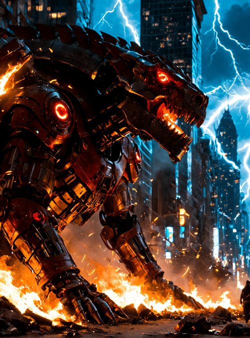 robot, giant, city, fire, people, skyscraper, lightning, smoke, sign, car