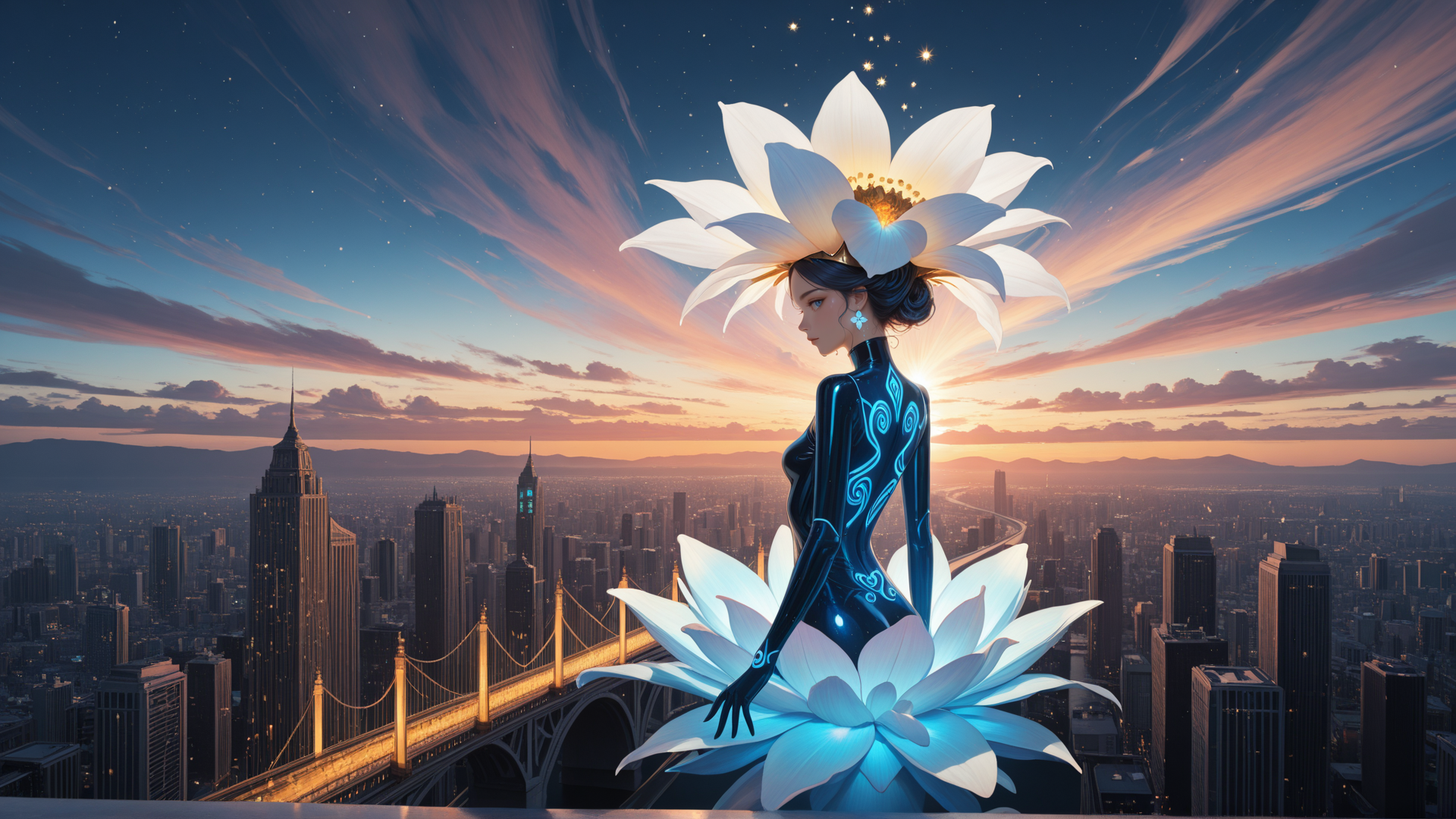 AI generated wallpaper featuring woman, lotus flower, cityscape, bridge, sunset