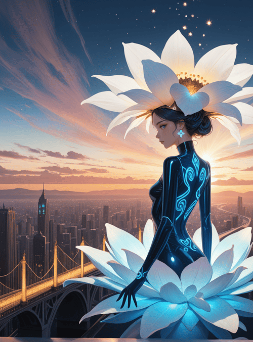 woman, lotus flower, cityscape, bridge, sunset