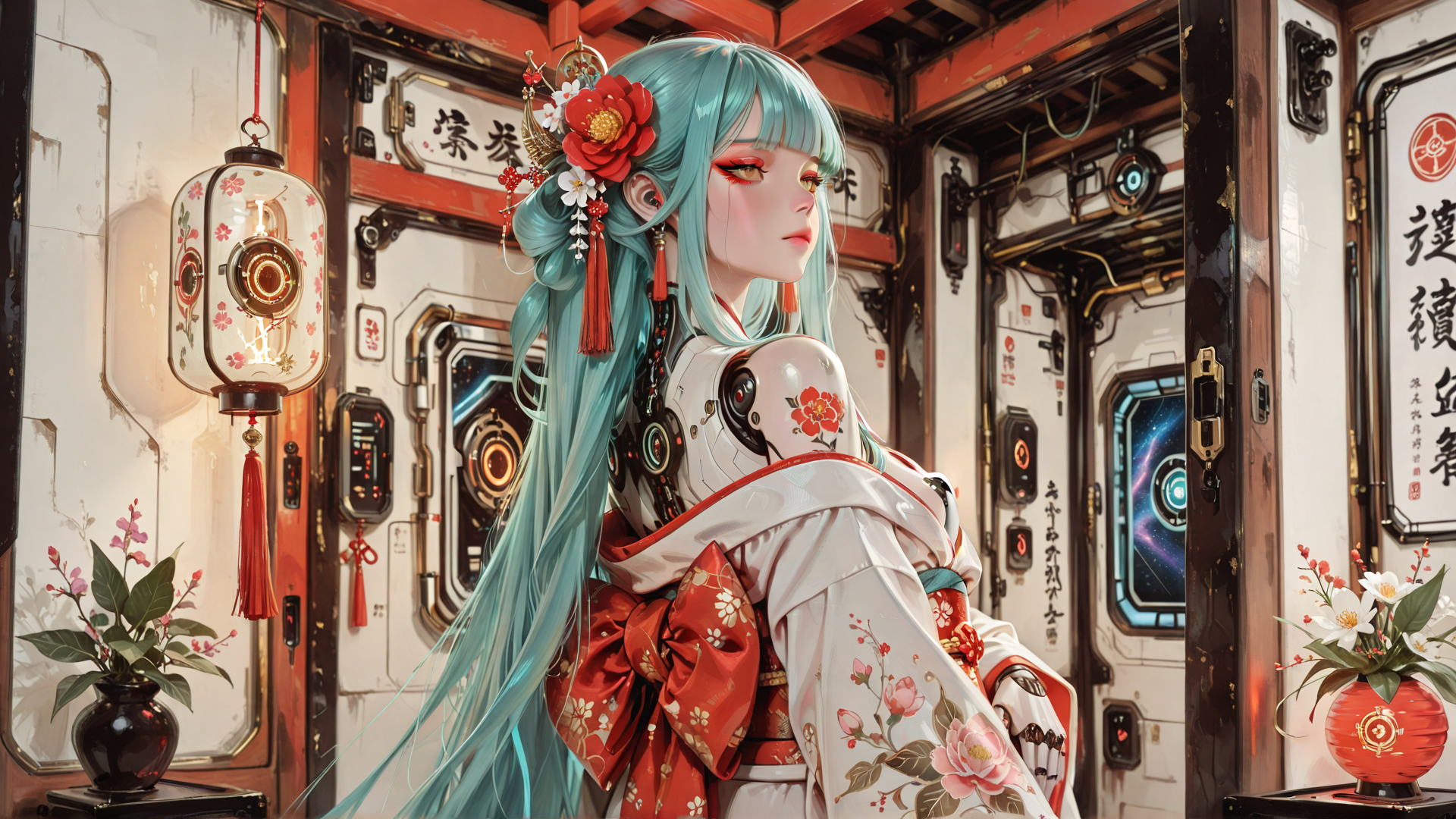 AI generated wallpaper featuring woman, cyborg, kimono, lantern, cherry blossom, robotic arm, traditional chinese, spaceship, flower, red tassel