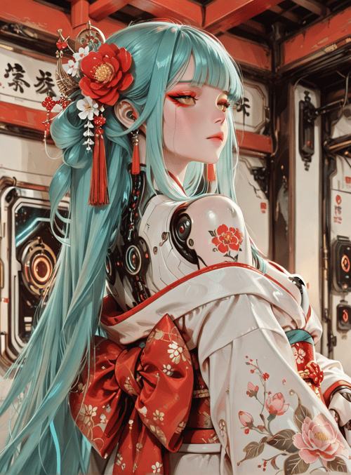 woman, cyborg, kimono, lantern, cherry blossom, robotic arm, traditional chinese, spaceship, flower, red tassel