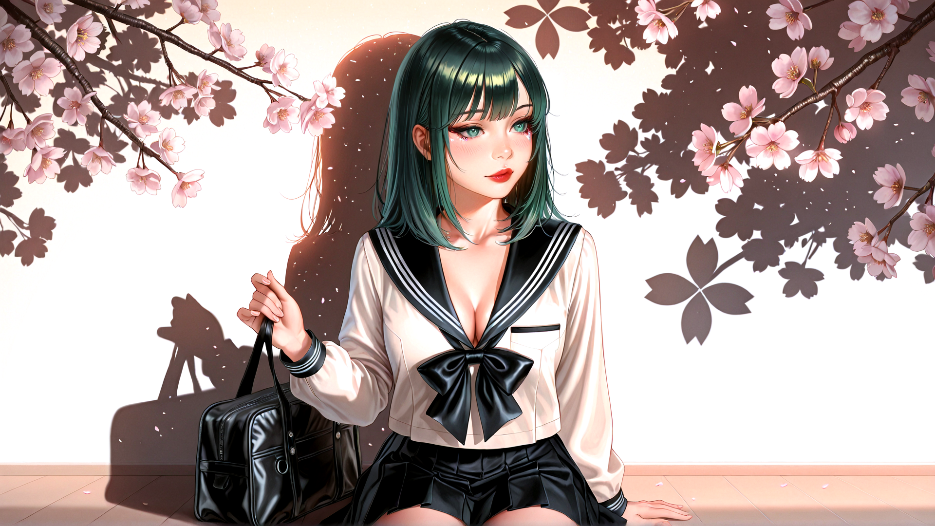 AI generated wallpaper featuring girl, sailor uniform, cherry blossoms, school bag, shadows