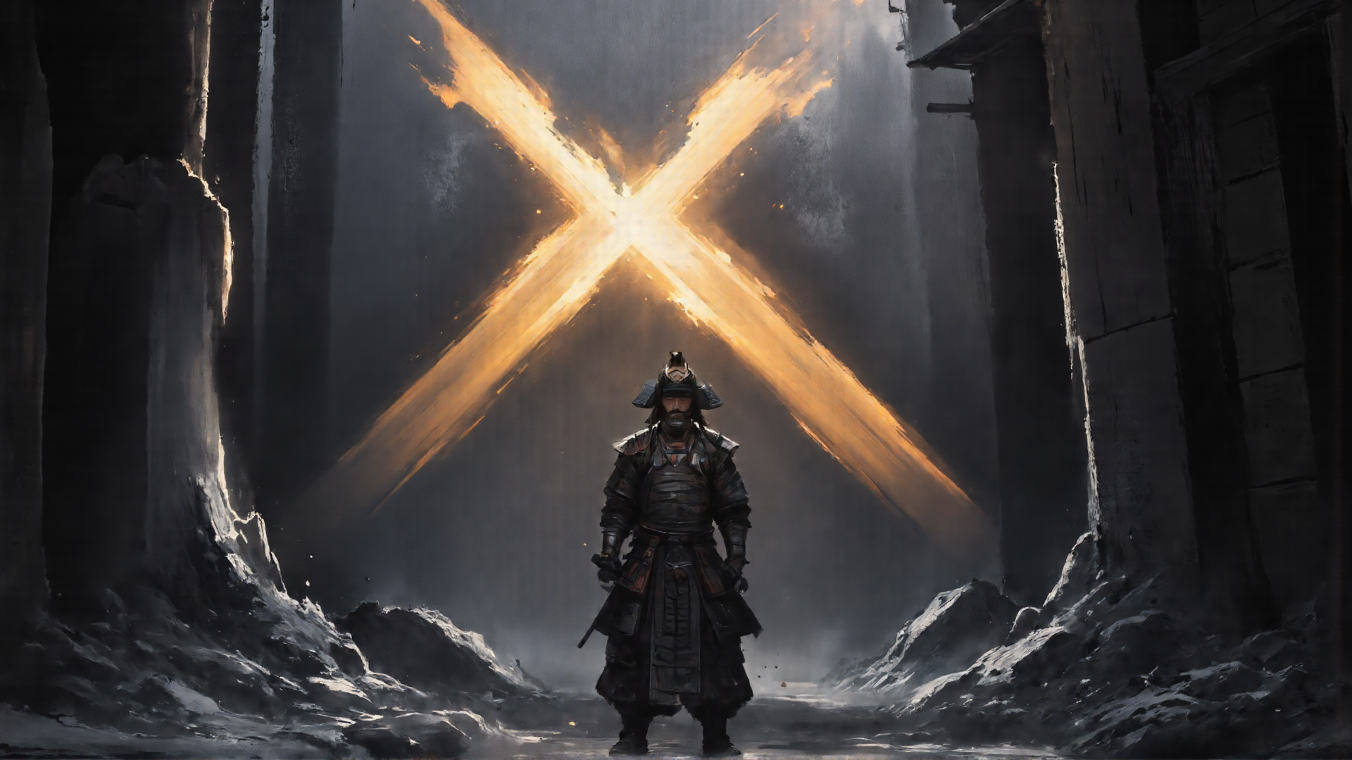 AI generated wallpaper featuring samurai, ruins, light beams, armor, helmet, sword