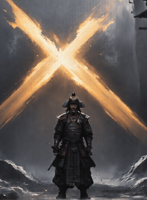 samurai, ruins, light beams, armor, helmet, sword