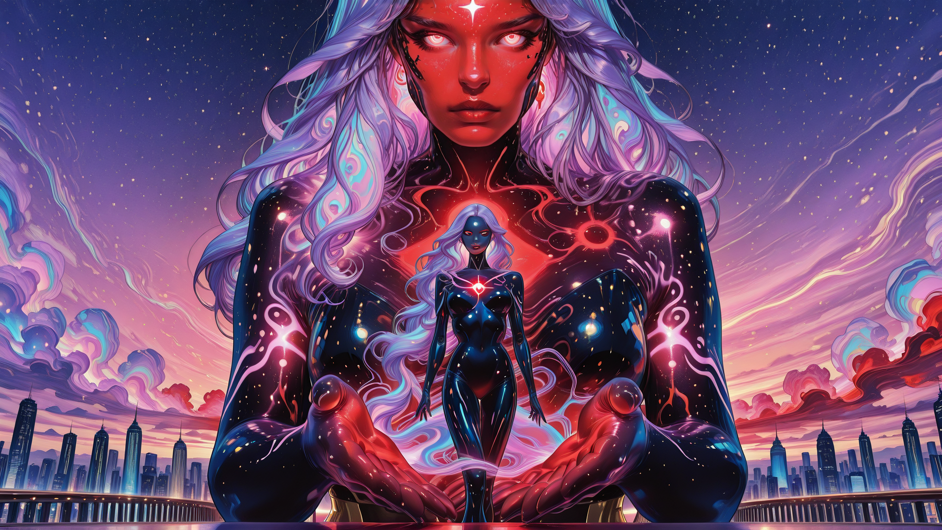 AI generated wallpaper featuring figure, woman, digital, art, cityscape, neon, galaxy, futuristic, surreal, human