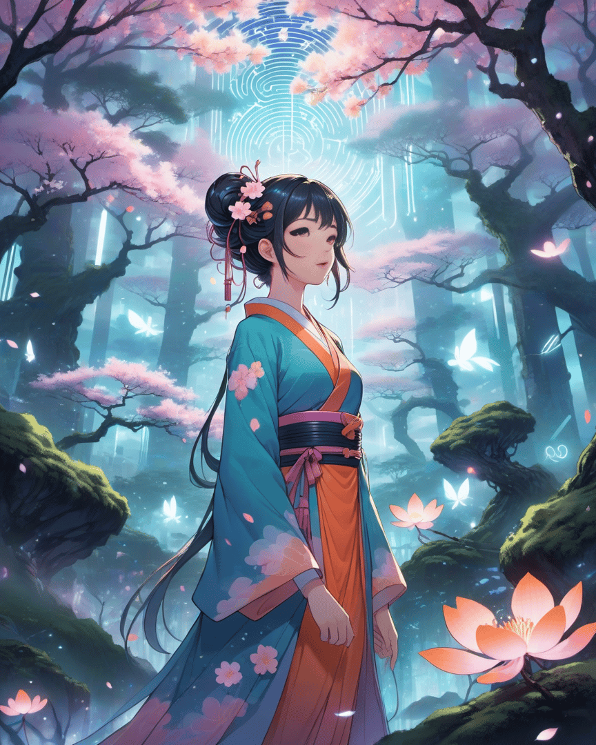 AI generated wallpaper featuring woman, cherry blossoms, butterflies