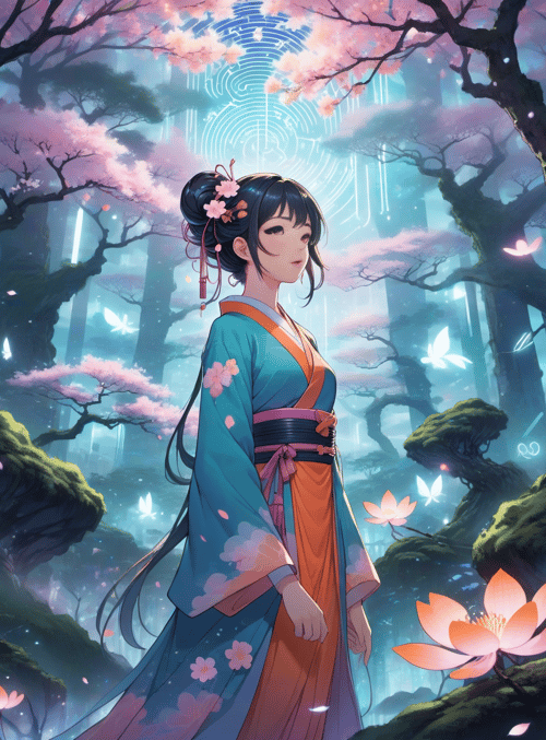 woman, cherry blossoms, butterflies
