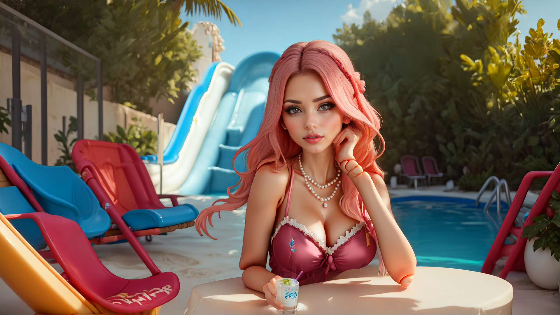 AI generated wallpaper featuring woman, pool, slide