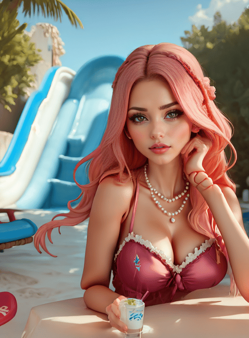 woman, pool, slide
