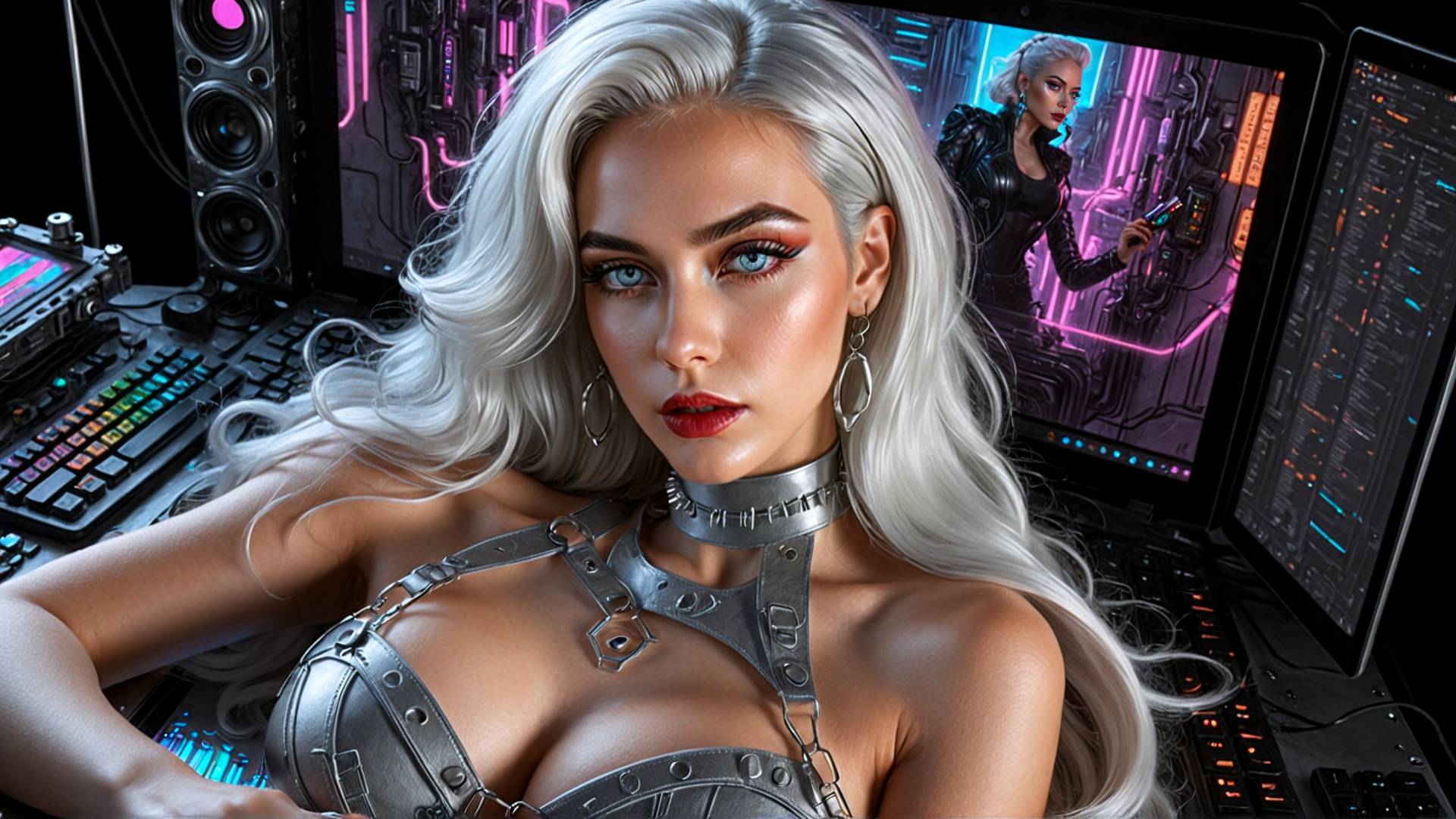 AI generated wallpaper featuring woman, gaming setup, monitor, keyboard, speakers, choker, earrings