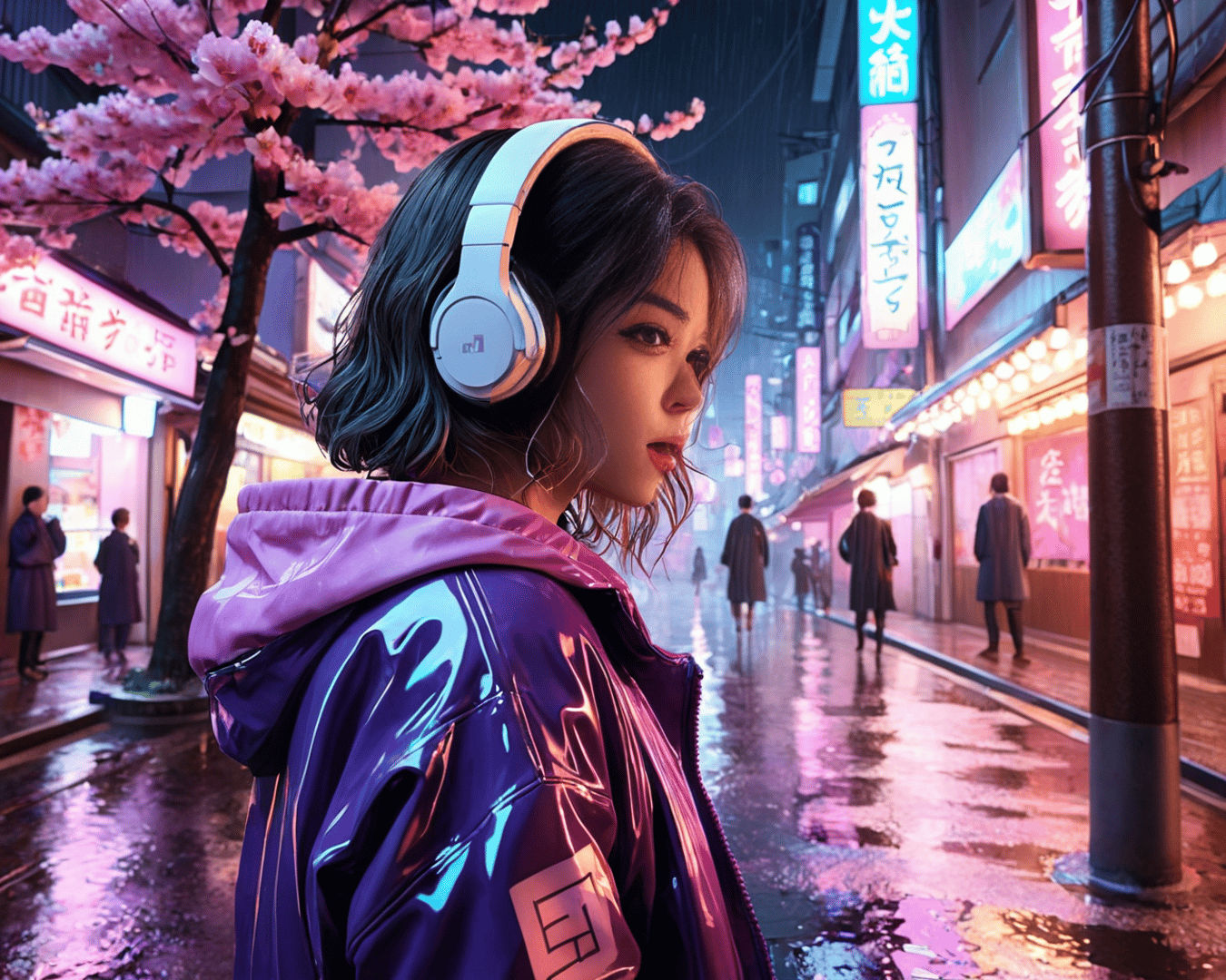 AI generated wallpaper featuring woman, headphones, jacket