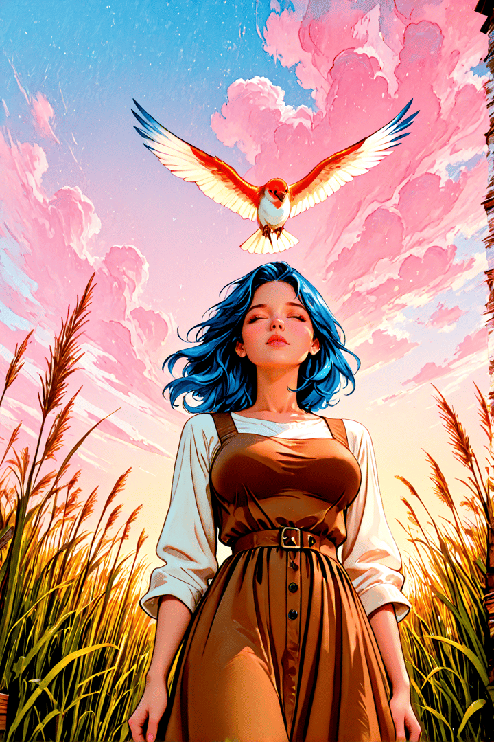 AI generated wallpaper featuring woman, bird, grass, clouds, sky
