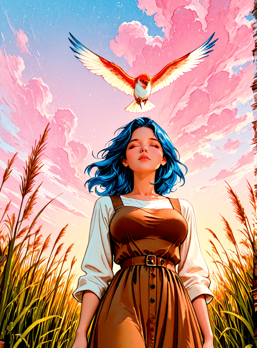 woman, bird, grass, clouds, sky
