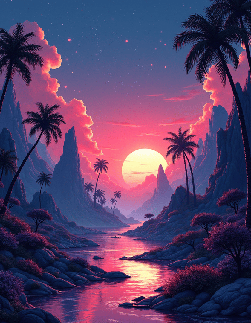 AI generated wallpaper featuring palm trees, mountains, river, sun, clouds, stars, rocks, flowers