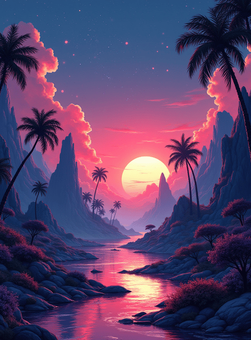 palm trees, mountains, river, sun, clouds, stars, rocks, flowers