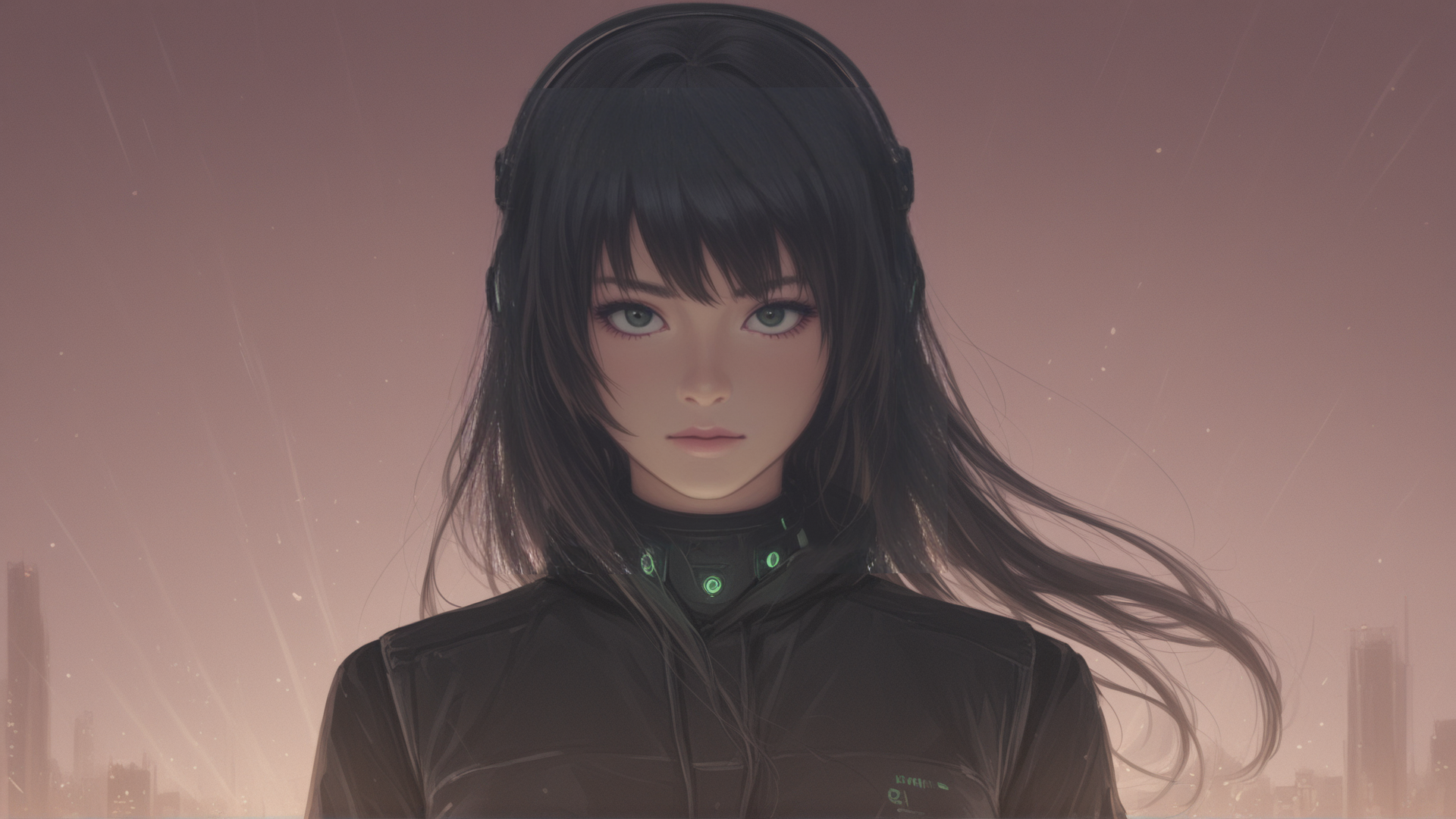 AI generated wallpaper featuring girl, cyberpunk, headphones