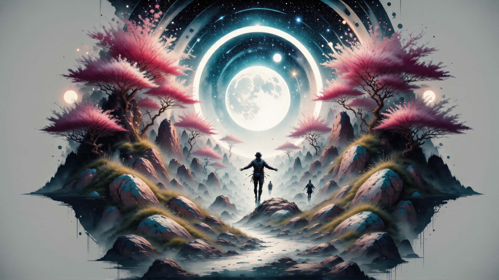 AI generated wallpaper featuring person, trees, moon, rocks, mountains