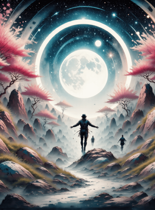 person, trees, moon, rocks, mountains