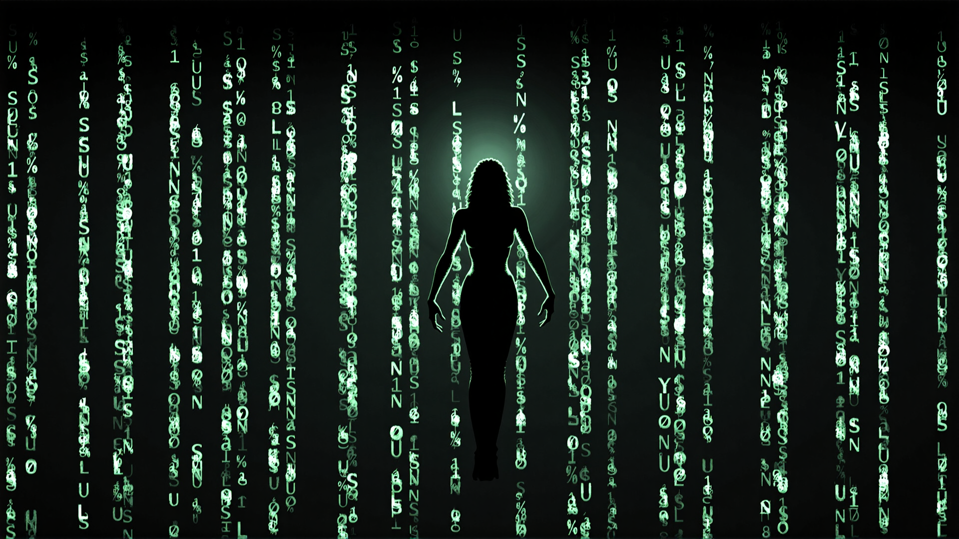 AI generated wallpaper featuring silhouette, woman, code, matrix