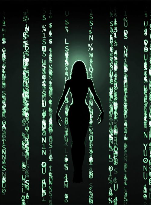 silhouette, woman, code, matrix