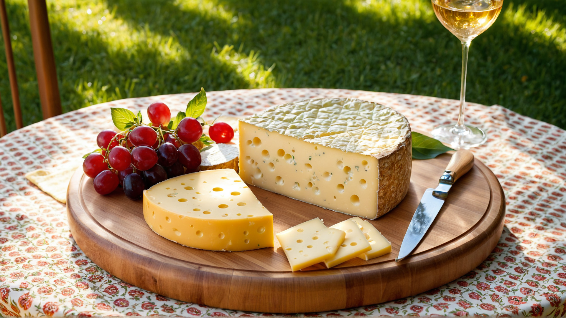 AI generated wallpaper featuring cheese, grapes, wine