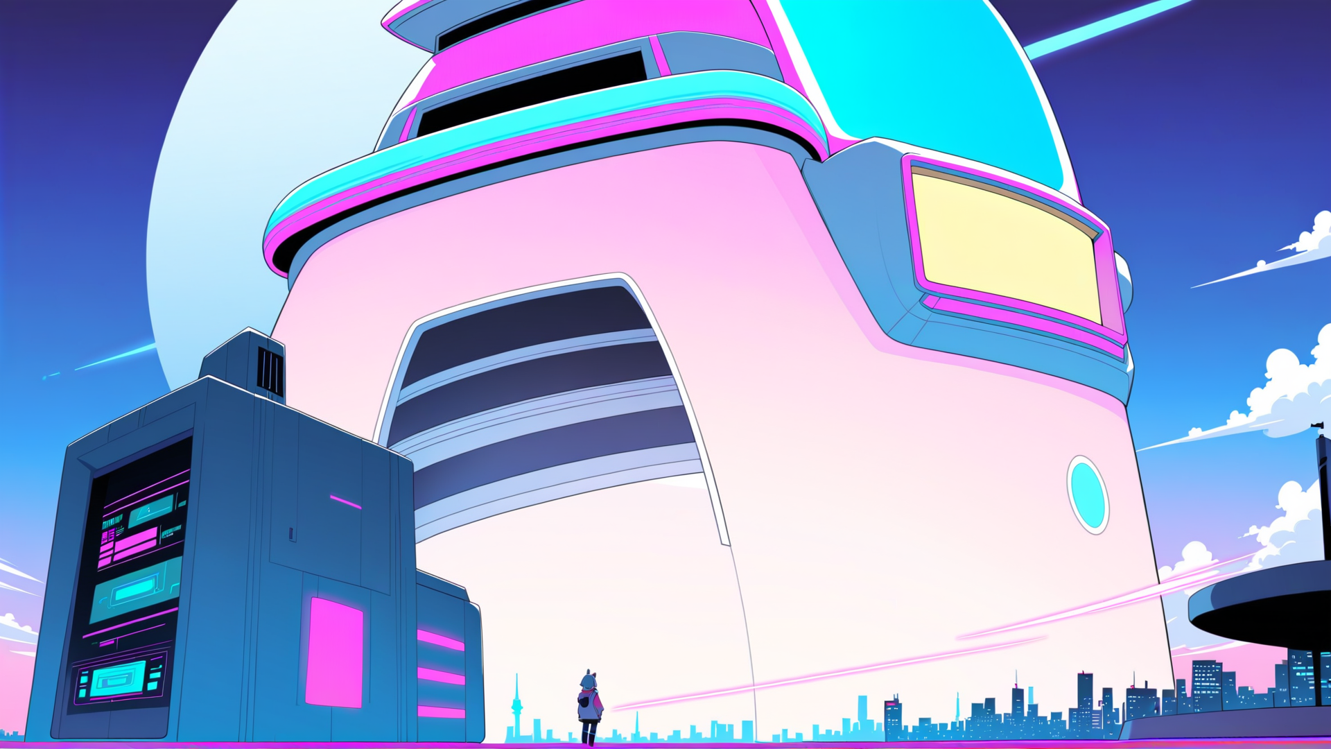 AI generated wallpaper featuring tower, cityscape, person