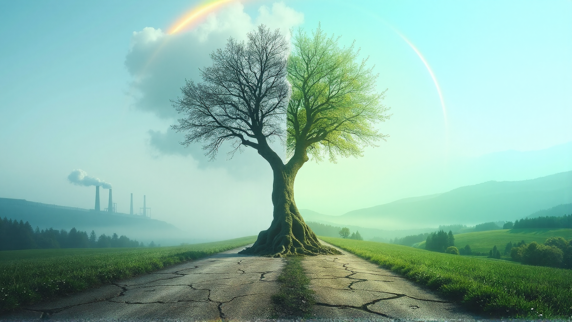AI generated wallpaper featuring tree, road, factory
