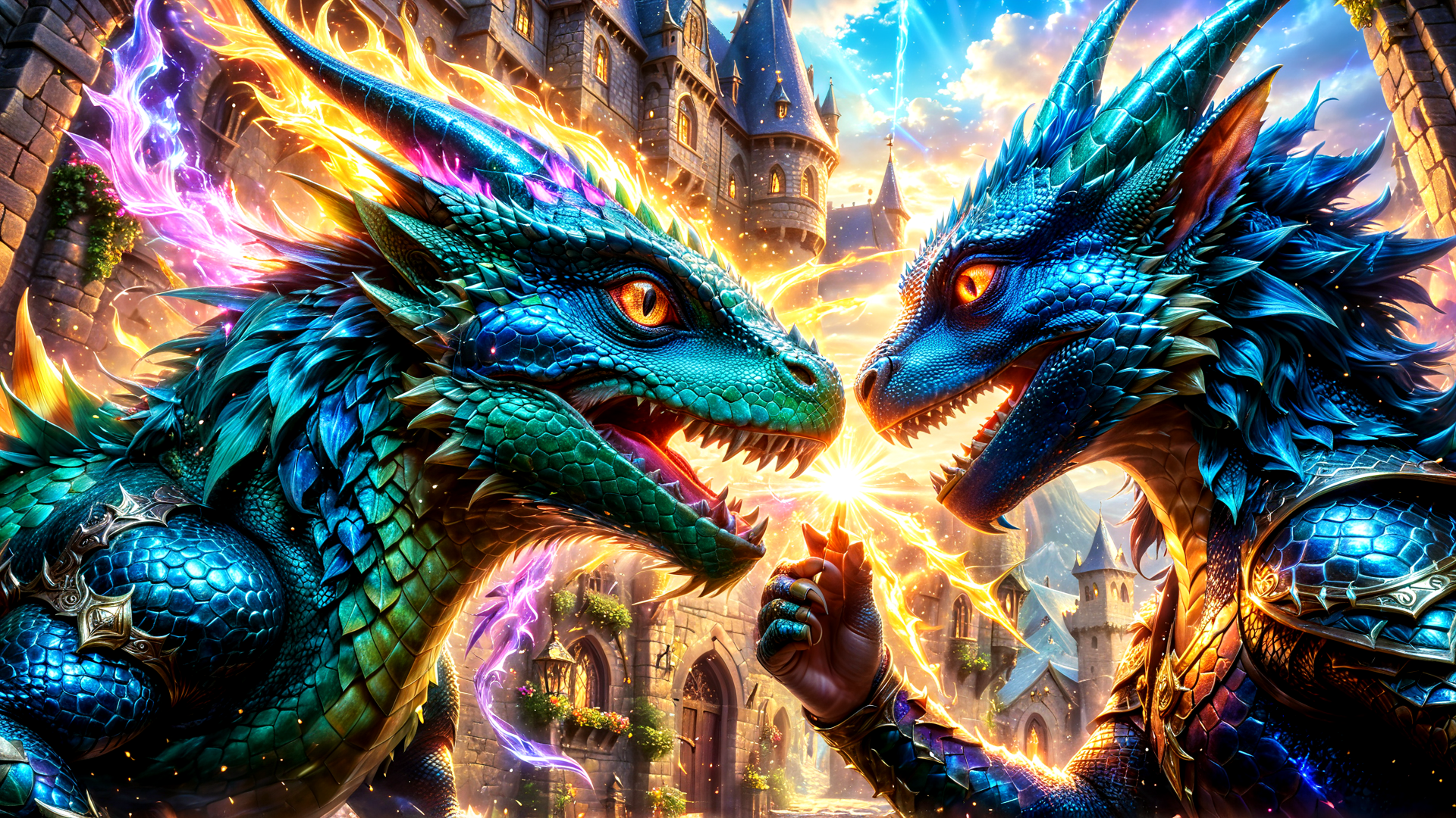 AI generated wallpaper featuring dragons, castle, magic